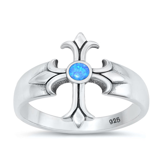 Sterling Silver Blue Lab Opal Cross Ring