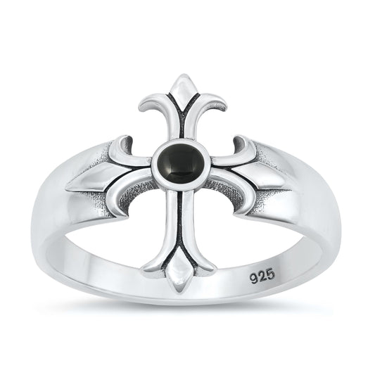 Sterling Silver Black Agate Cross Ring