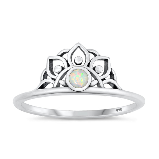 Sterling Silver White Lab Opal Lotus Tiara Ring