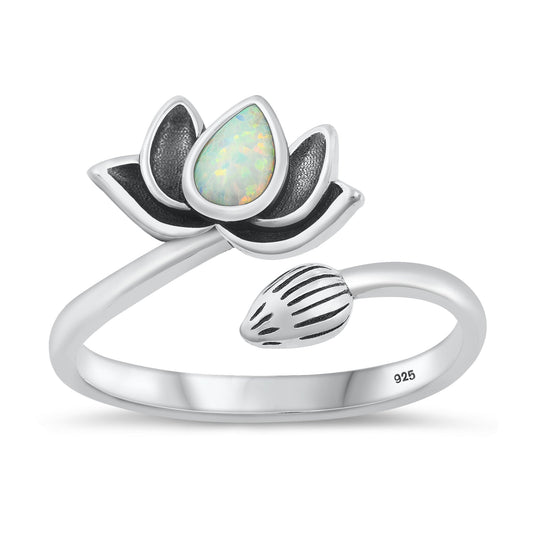 Sterling Silver White Lab Opal Lotus Spoon Ring