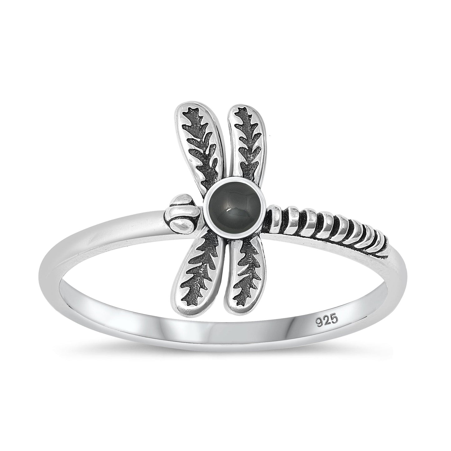 Sterling Silver Black Agate Dragonfly Ring