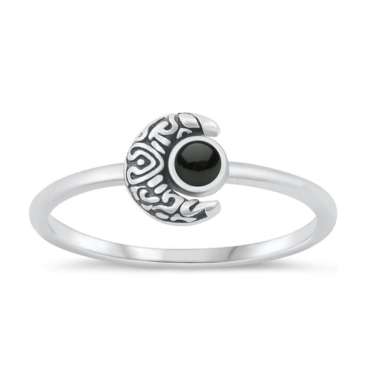 Sterling Silver Black Agate Moon Ring