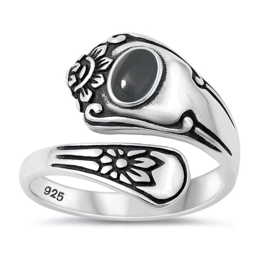 Sterling Silver Black Agate Spoon Ring