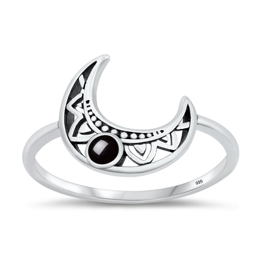 Sterling Silver Black Agate Moon Ring