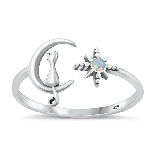 Sterling Silver White Lab Opal Cat Moon Star Ring