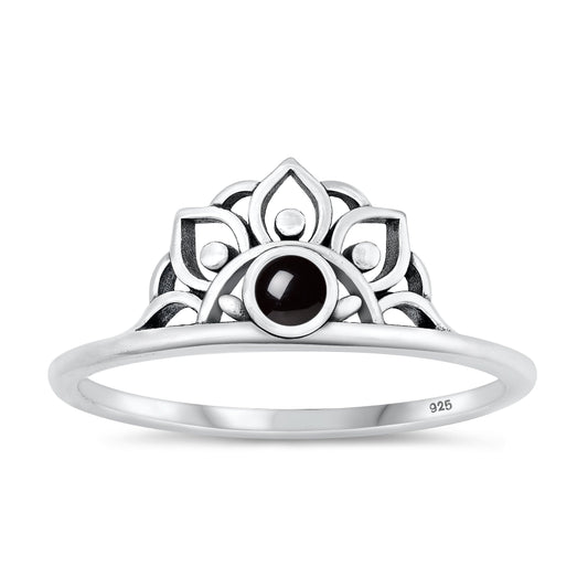 Sterling Silver Black Agate Lotus Tiara Ring