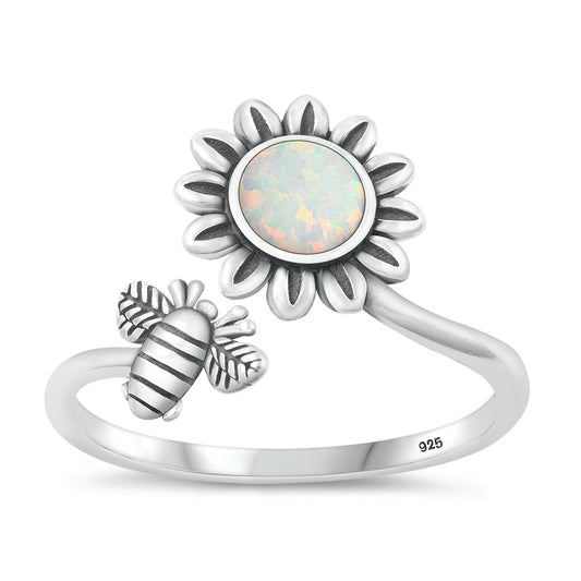 Sterling Silver White Lab Opal Sunflower Bee Ring