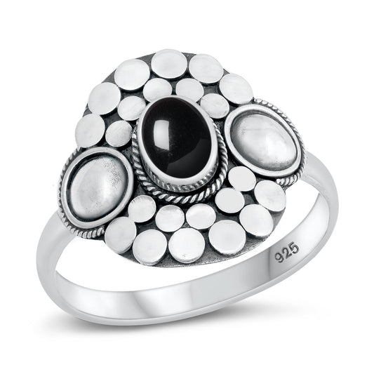 Sterling Silver Black Agate Bali Ring