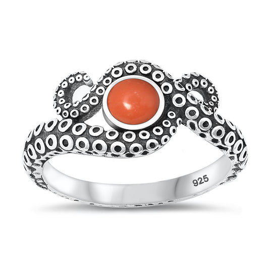 Sterling Silver Octopus Red Coral Ring