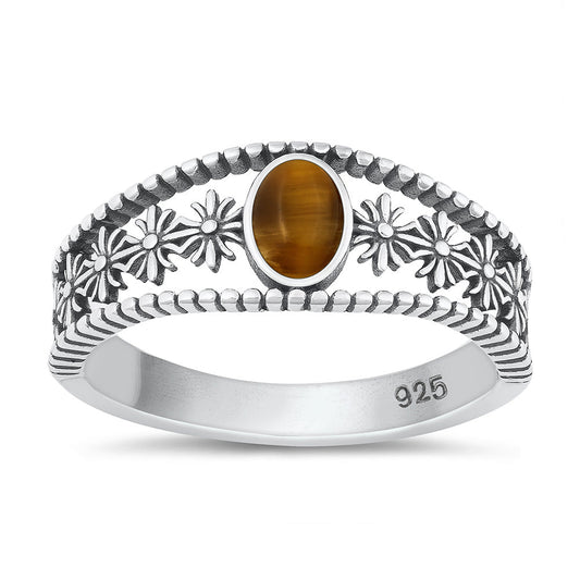 Sterling Silver Tiger Eye Flower Ring