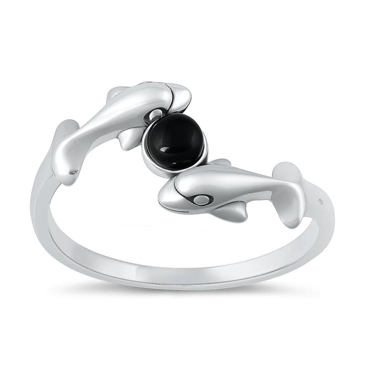 Sterling Silver Black Agate Dolphin Ring