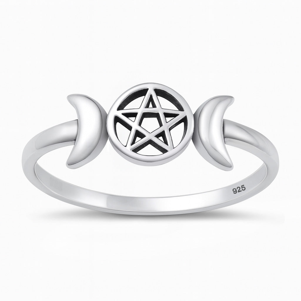 Sterling Silver Pentagram Moon Ring