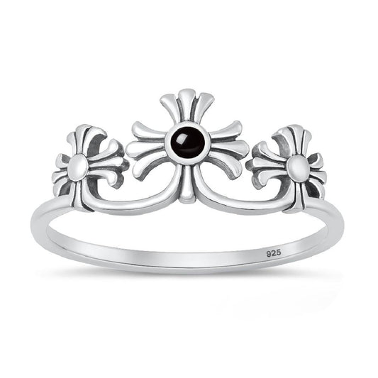 Sterling Silver Black Onyx Triple Cross Ring
