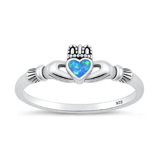Sterling Silver Blue Lab Opal Claddagh Ring