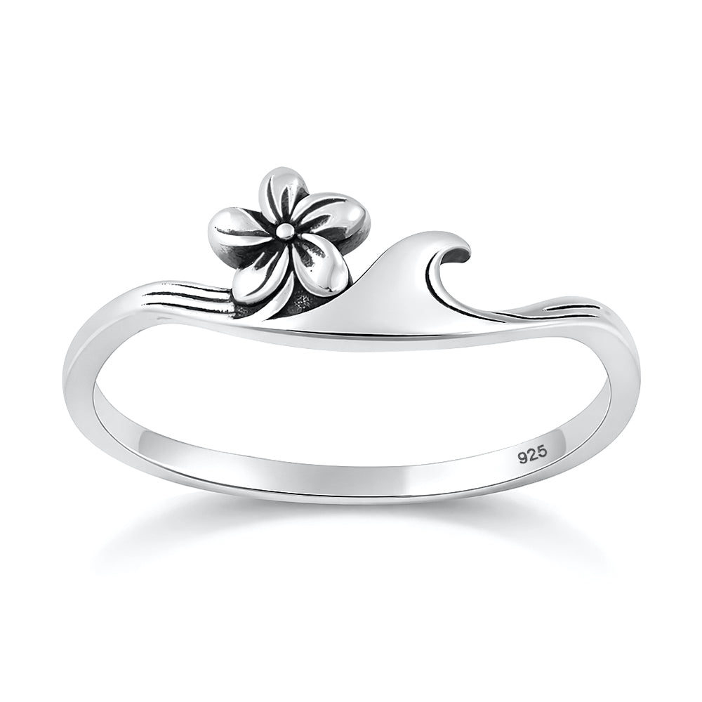 Sterling Silver Wave Plumeria Flower Ring