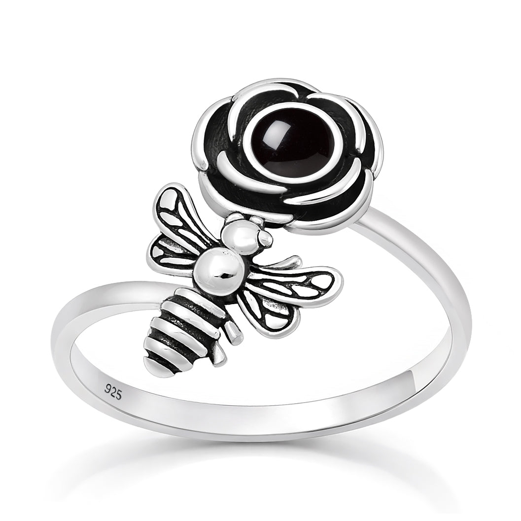 Sterling Silver Black Agate Flower Bee Ring
