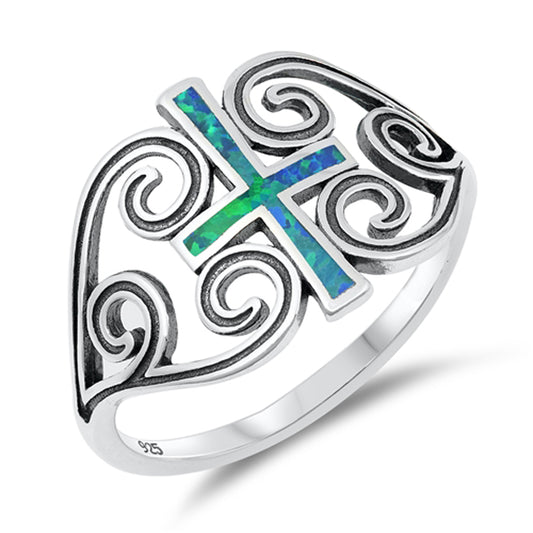 Blue Lab Opal Oxidized Heart Cross Filigree Ring Sterling Silver Band Sizes 5-10
