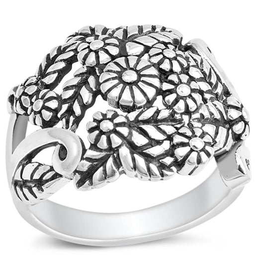 Oxidized Plumeria Floral Flower Filigree Ring Sterling Silver Band Sizes 4-12