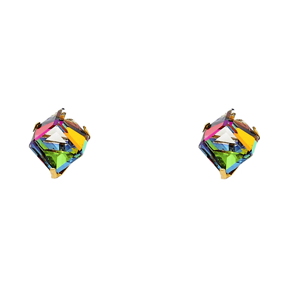14k Yellow Gold Rainbow Cube Stud Square Elegant Earrings