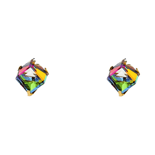 14k Yellow Gold Rainbow Cube Stud Square Elegant Earrings