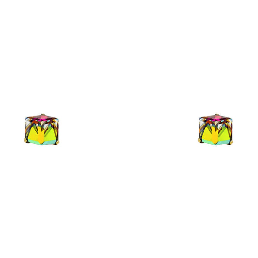 14k Yellow Gold Funky Artistic Cube Stud Rainbow Unique Earrings