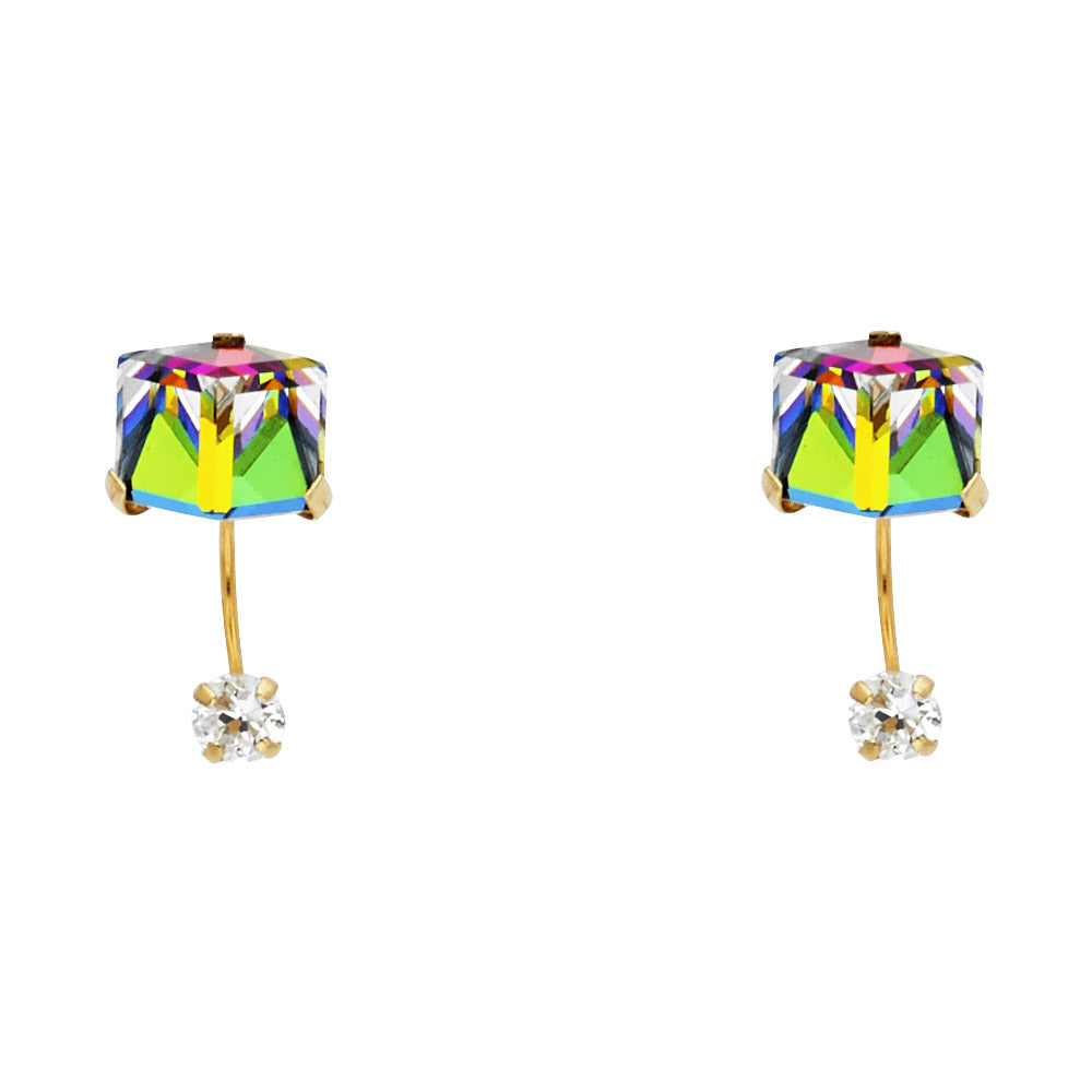 14k Yellow Gold Rainbow Ear Cuff Stud Huggie Square Elegant Earrings