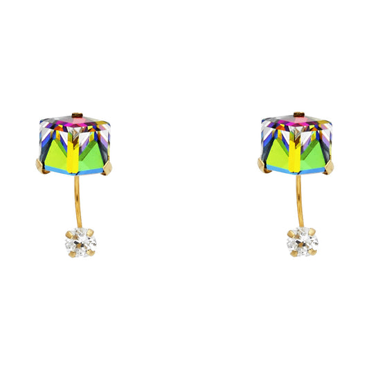14k Yellow Gold Rainbow Ear Cuff Stud Huggie Square Elegant Earrings
