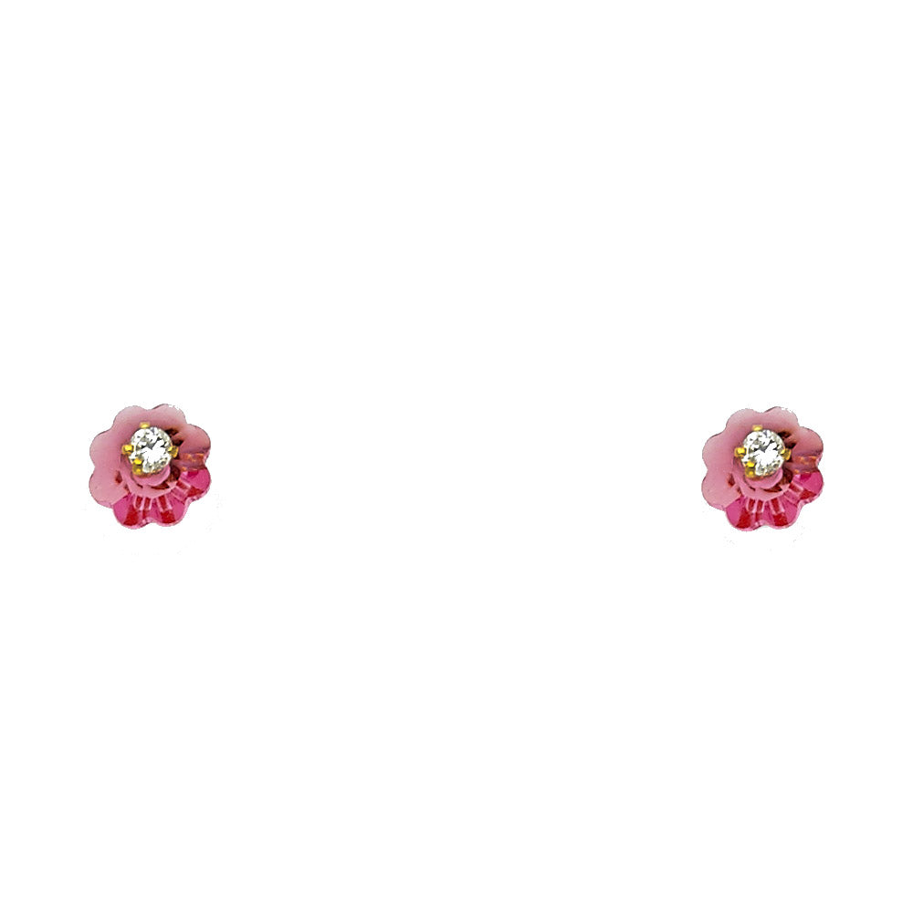 14k Yellow Gold Rainbow Flower Stud Studded Mosaic Rose Garden Earrings
