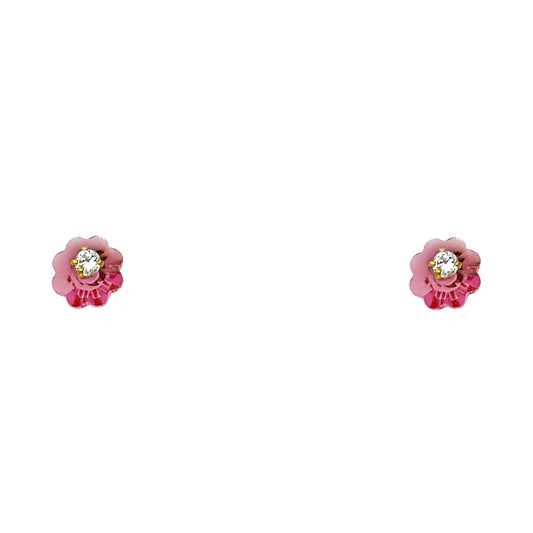 14k Yellow Gold Rainbow Flower Stud Studded Mosaic Rose Garden Earrings