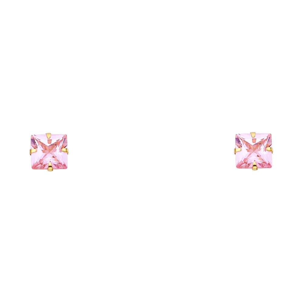 14k Yellow Gold Square CZ Stud Earrings W/Screw