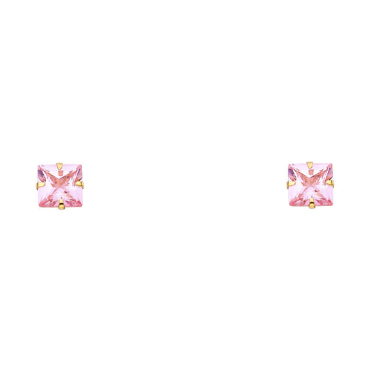 14k Yellow Gold Square CZ Stud Earrings W/Screw