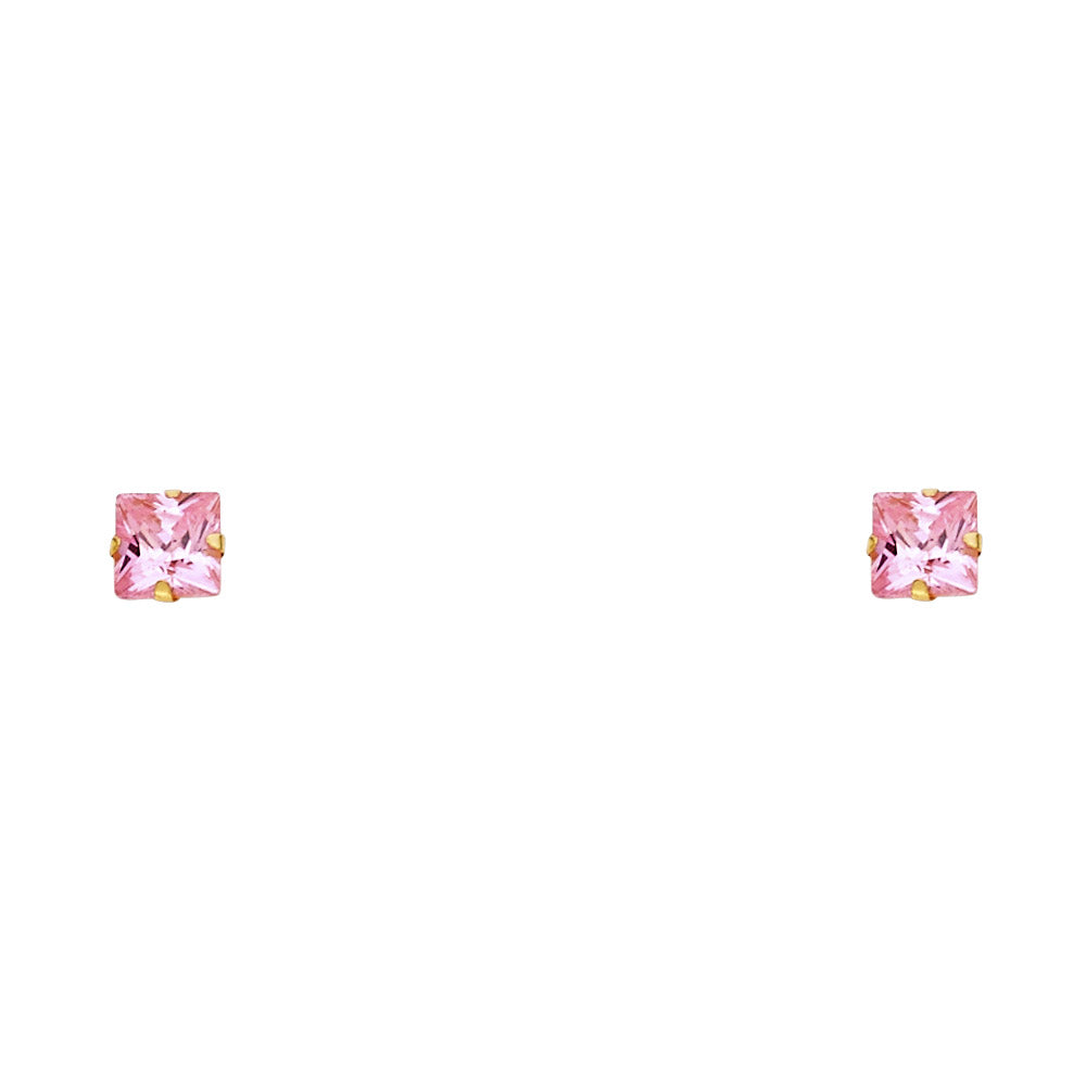 14k Yellow Gold Pink Square Stud Earrings W/Screw