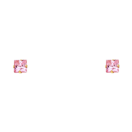 14k Yellow Gold Pink Square Stud Earrings W/Screw