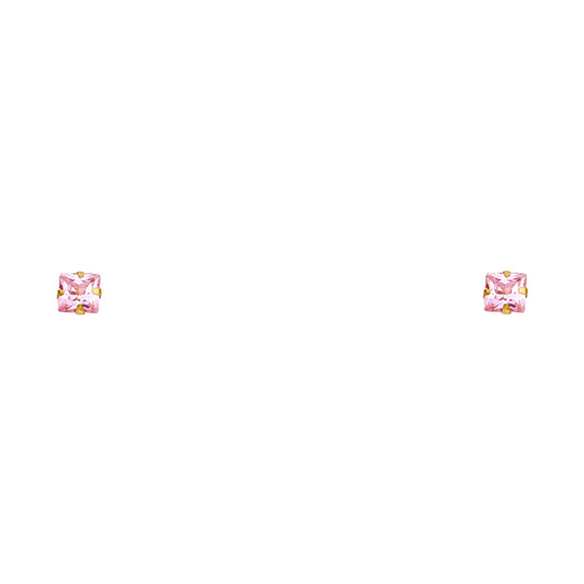 14k Yellow Gold Elegant Pink Square CZ Stud Earrings