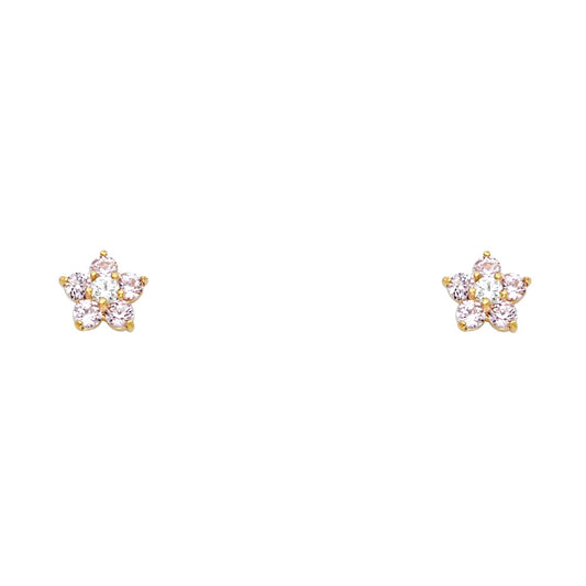 14k Yellow Gold Studded Flower Stud Star Classic Cute Earrings