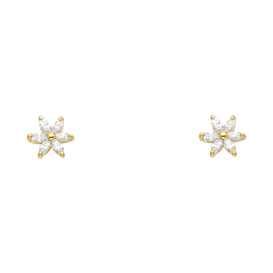 14k Yellow Gold Elegant Marquise Flower Stud Star Burst Vintage Earrings