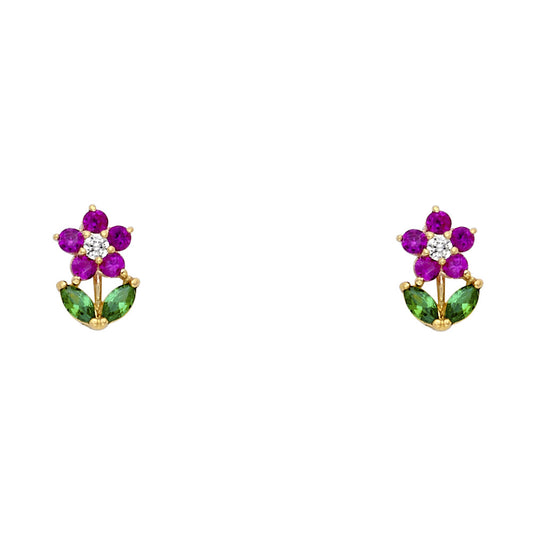 14k Yellow Gold Flower Stud Circle Marquise Leaf Earrings