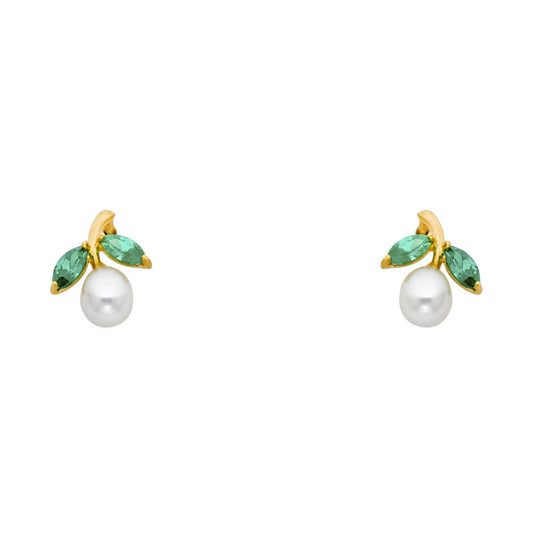 14k Yellow Gold Simple Abstract Fruit Stud Vintage Leaf Round Ball Earrings