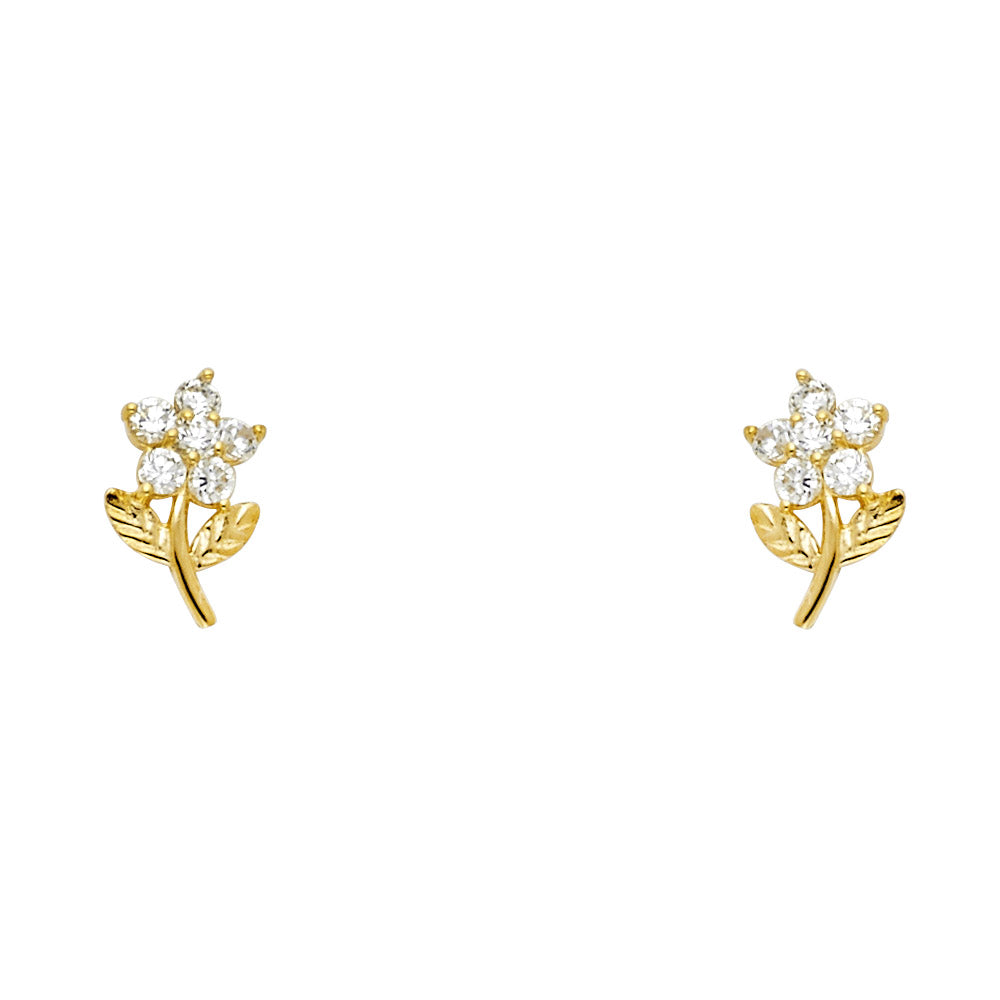 14k Yellow Gold Cute Vintage Flower Stud High Polish Shiny Leaf Earrings