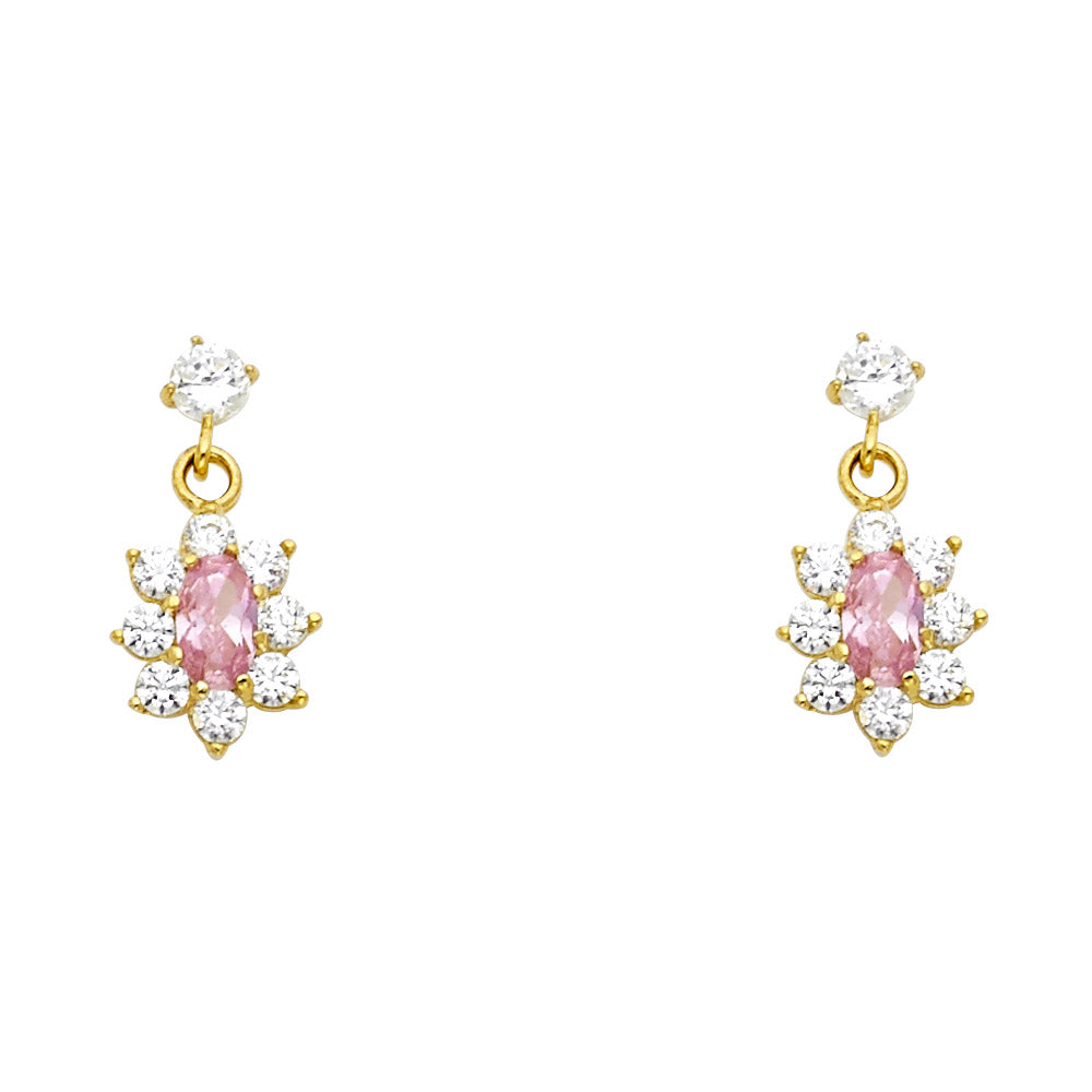 14k Yellow Gold Elegant Dangling Flower Stud Burst Hanging Oval Star Earrings