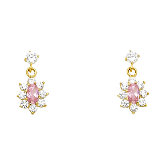 14k Yellow Gold Elegant Dangling Flower Stud Burst Hanging Oval Star Earrings
