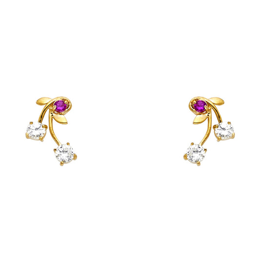 14k Yellow Gold Studded Cherries Stud Fruit Lucky Leaf Food Earrings
