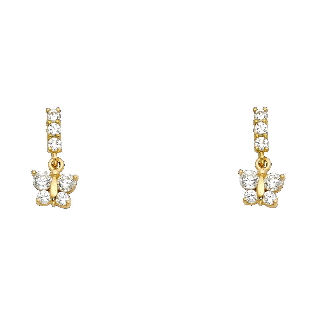 14k Yellow Gold Studded Butterfly Stud Long Bar Hanging Dangling Earrings