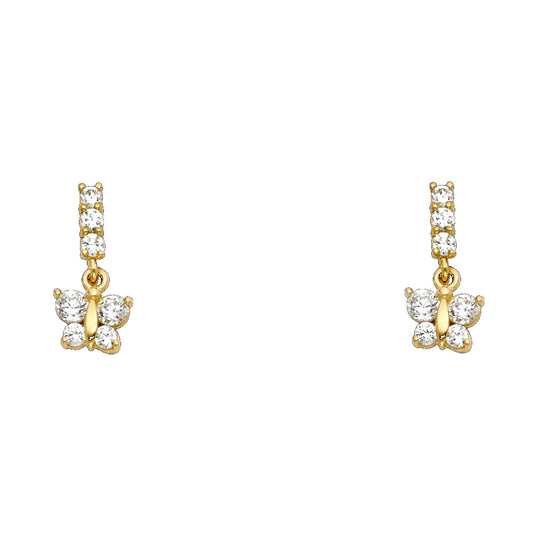 14k Yellow Gold Studded Butterfly Stud Long Bar Hanging Dangling Earrings