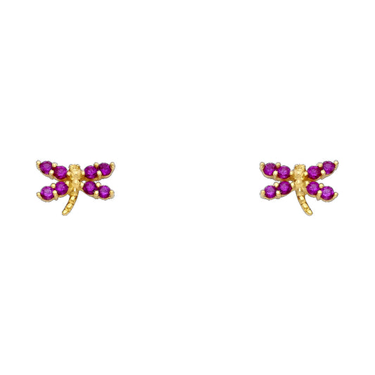 14k Yellow Gold Studded Dragonfly Stud Insect Bug Animal Wing Earrings