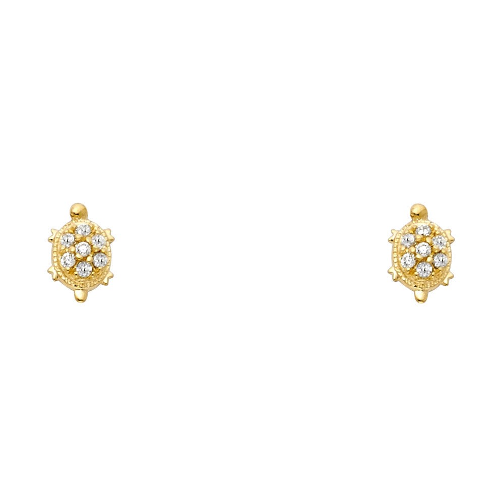 14k Yellow Gold Mosaic Turtle Stud Animal Insect Studded Ocean Earrings