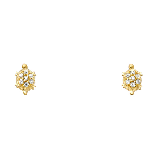 14k Yellow Gold Mosaic Turtle Stud Animal Insect Studded Ocean Earrings