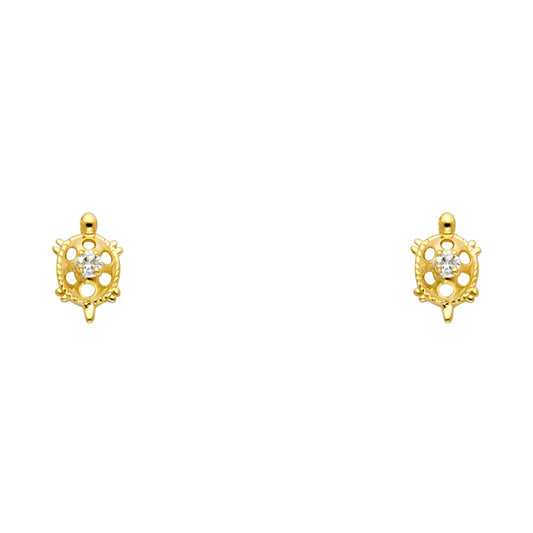 14k Yellow Gold Cutout Mosaic Turtle Stud Animal Cute Shell Earrings
