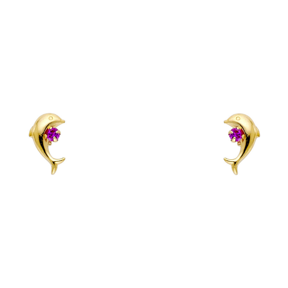 14k Yellow Gold Studded Dolphin Stud Animal Cute Ocean Beach Earrings