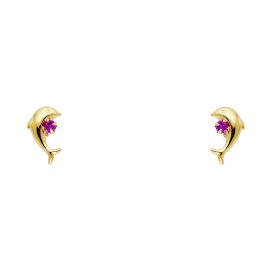 14k Yellow Gold Studded Dolphin Stud Animal Cute Ocean Beach Earrings